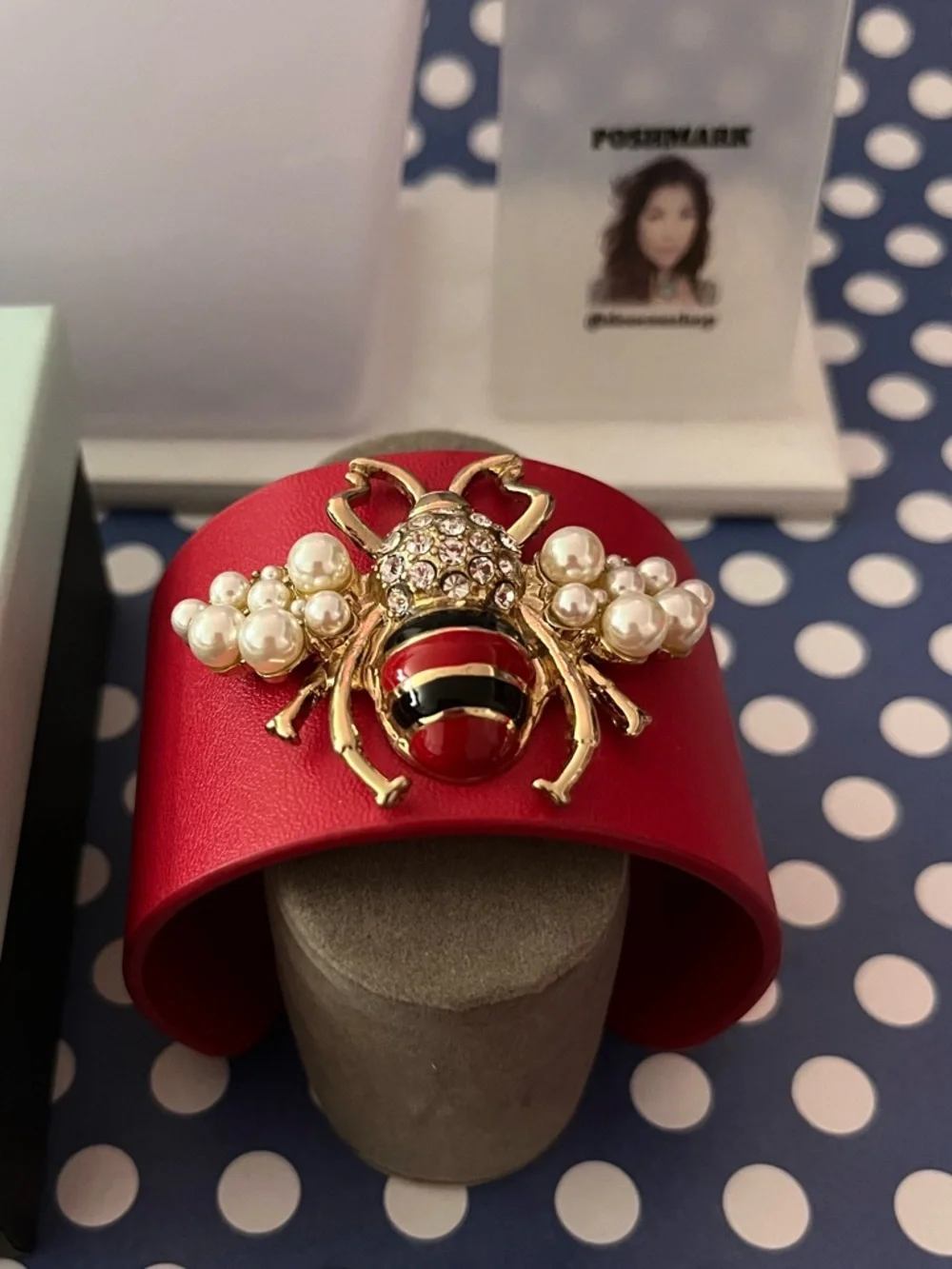 NWOT Red Leather-like Bee Pearl Accent Cuff Bracelet - Picture 4 of 9